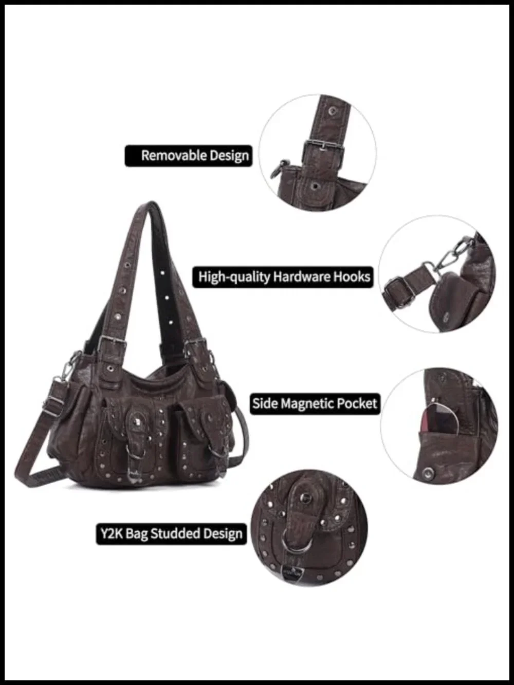 Y2K Hobo Bag for Women Vegan Leather Multi Pocket Shoulder Tote